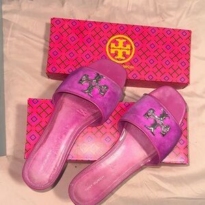Tory Burch Magenta Slide Sandals with Silver Logo
